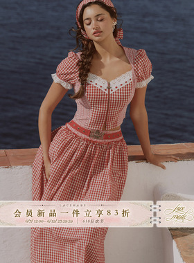 LaceMade 田园少女日记 法式纹理感蕾丝红色上衣格纹拼接半裙套装