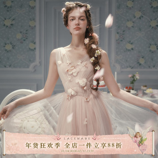 Lacemade 路易十四的玫瑰 秀场复刻浪漫法式仙女裙粉色网纱连衣裙