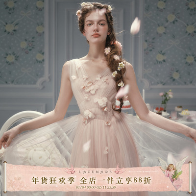 Lacemade 路易十四的玫瑰 秀场复刻浪漫法式仙女裙粉色网纱连衣裙
