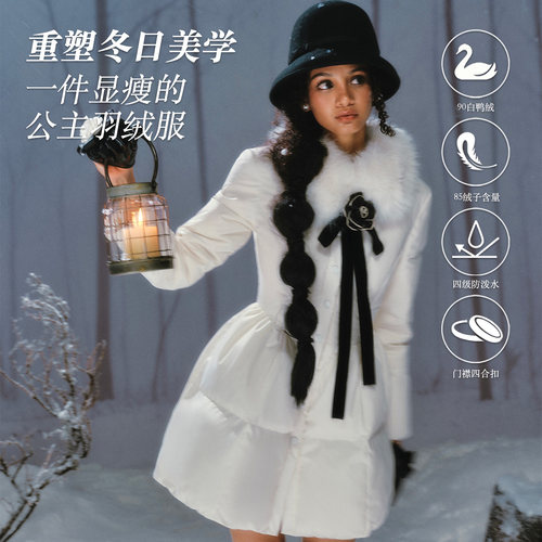 LaceMade 粉雪玫瑰 法式贵气千金风黑白撞色可拆脱毛领收腰羽绒服