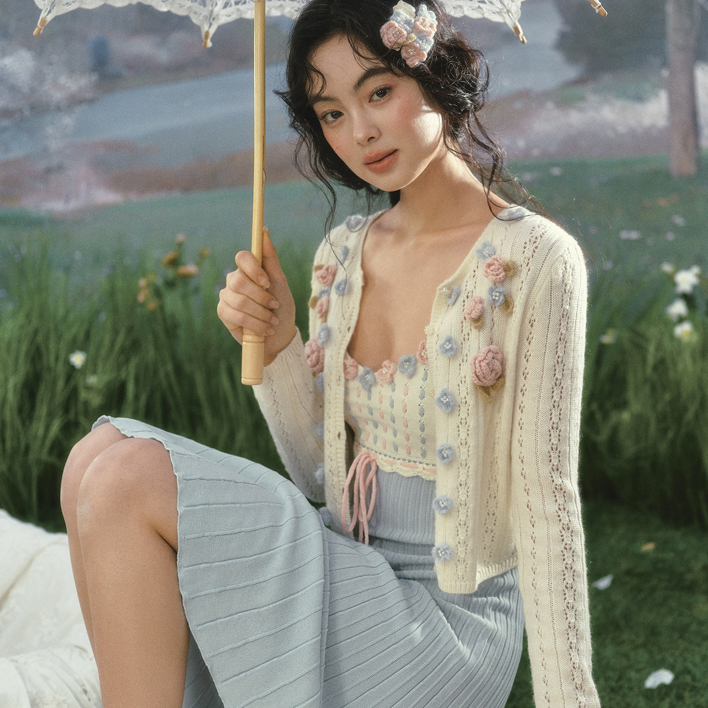 LaceMade 玫瑰潮汐 法式田园针织裙吊带连衣裙长袖开衫蓝色早春女