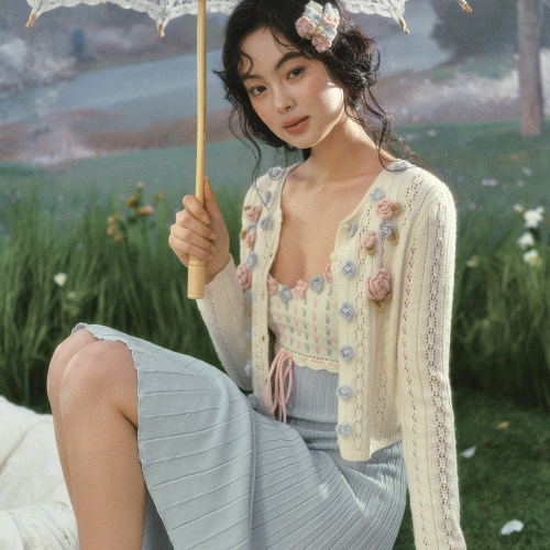 LaceMade 玫瑰潮汐 法式田园针织裙吊带连衣裙长袖开衫蓝色早春女