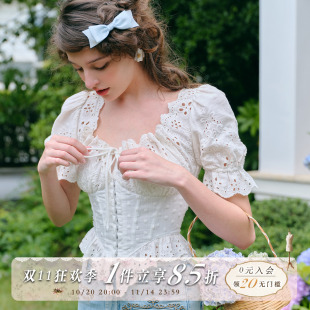 复古镂空刺绣白色鱼骨衬衫 法式 上衣百搭胸衣 纸浮雕 LaceMade