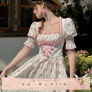 LaceMade 维多利玫瑰 法式田园甜美碎花鱼骨裙浅春系方领连衣裙女