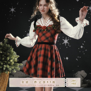 LaceMade 绯红棋局 法式圣诞氛围格子裙收腰显瘦吊带短款连衣裙女