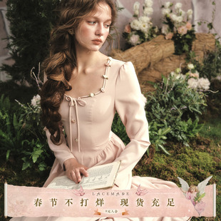 LaceMade 蔷薇日记 法式复古淑女风日常通勤高智感淡粉色连衣裙秋