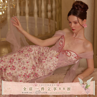 仙女裙纱网缎面印花鱼骨连衣裙新品 法式 礼服裙 花漾蝶仙 LaceMade