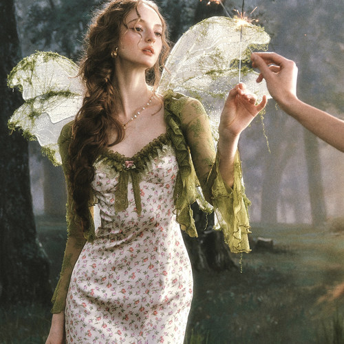 LaceMade 仙踪林 法式复古田园风缎面印花吊带连衣裙蕾丝开衫套装