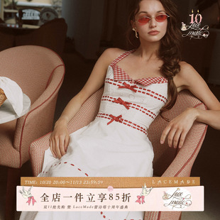 LaceMade 小红烛 明星同款法式复古棉质田园白色挂脖连衣裙老钱风