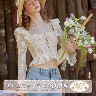 小衫 LaceMade 复古田园风设计感蕾丝镂空绑带衬衫 法式 法兰西美人