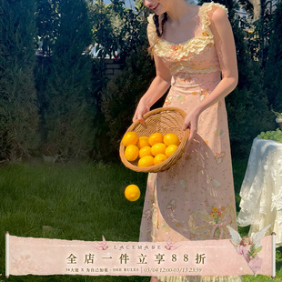 LaceMade 雏菊风筝 法式复古田园油画小人吊带长款印花蕾丝连衣裙