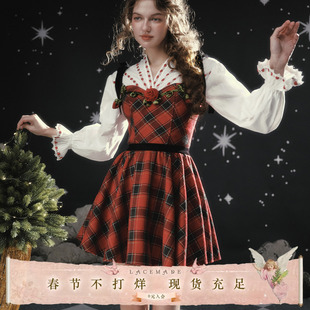 LaceMade 绯红棋局 法式圣诞氛围格子裙收腰显瘦吊带短款连衣裙女