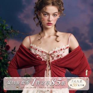 复古设计感红色长袖 法式 开衫 上衣百搭25春季 LaceMade 新款 花精灵