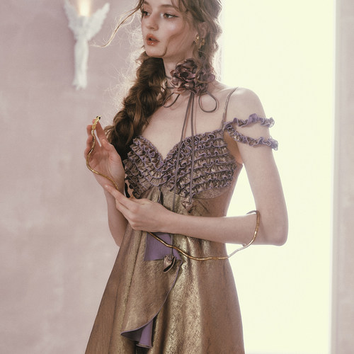 LaceMade 紫金咏叹 法式复古宫廷重工优雅鱼骨烫金缎面连衣裙春夏