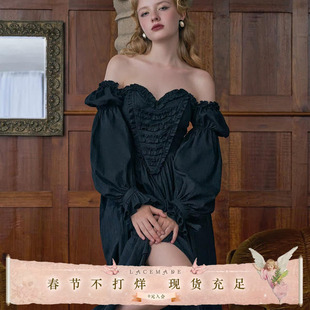 LaceMade 堕落天使 法式古典羊腿袖大摆公主裙黑色棉质连衣裙女秋