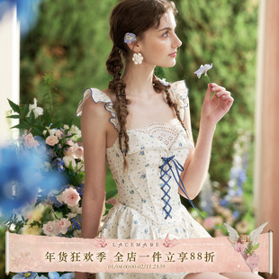 LaceMade 蓝莓果罐 甜美设计感花苞裙法式芭蕾风小个子短款连衣裙