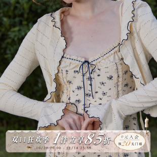 碎花弹力木耳边吊带连衣裙套装 LaceMade 少女针织开衫 法式 小蓝莓