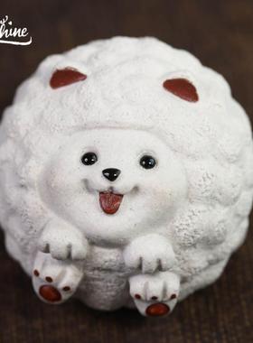 宜兴紫砂茶宠狗摆件花菜柴犬雕塑