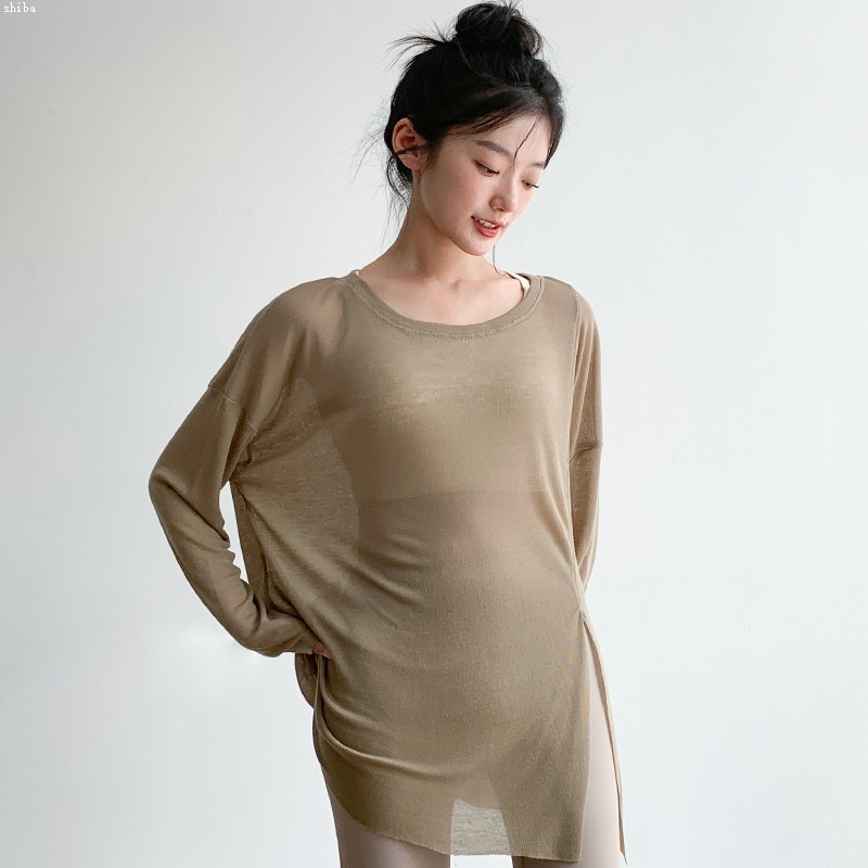 瑜伽服女宽松长袖t恤罩衫透明长款夏季薄款防晒速干运动健身上衣