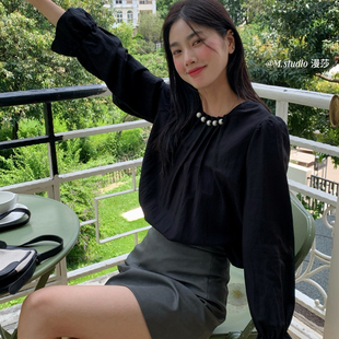 MSTUDIO漫莎 x1523 森迹花笺～褶皱穿珍珠韩系早秋新款 圆领小衫