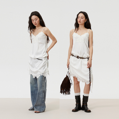 INRM 缎面蕾丝花边吊带抽褶裙夏季简约高级感A字连衣裙（送腰带）