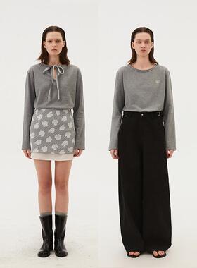 INRM 设计感V领系带前后两穿一字贝T恤女夏简约套头长袖打底上衣