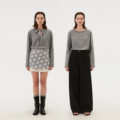 INRM 设计感V领系带前后两穿一字贝T恤女夏简约套头长袖打底上衣