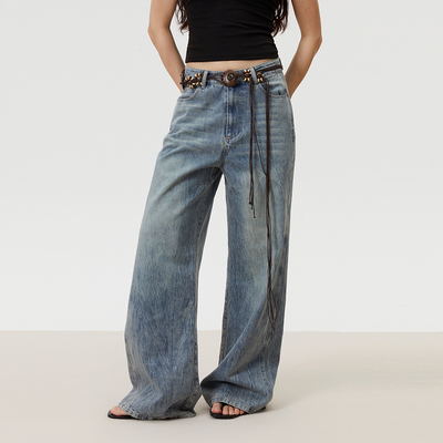 INRM 复古做旧水洗磨白扎花牛仔女百搭直筒休闲长裤（送腰带）