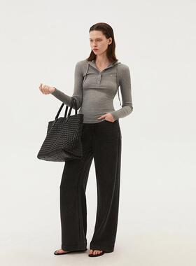 INRM 美式简约复古连帽针织衫套头弹力打底衫女2025春秋上衣T恤