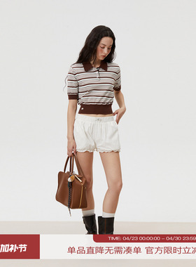 INRM 复古短款条纹polo衫夏季女螺纹受邀显瘦套头短袖针织衫T恤