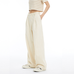 男女款 夏季 潮 米色肌理细条纹休闲阔腿长裤 INRM2022SS