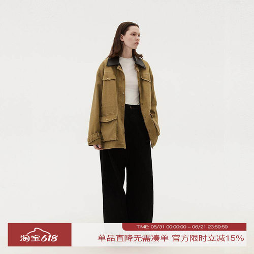 INRM 美式复古巴恩风工装外套大口袋拼皮翻领宽松开衫夹克女2025