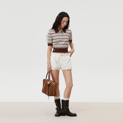 INRM 复古短款条纹polo衫夏季女螺纹受邀显瘦套头短袖针织衫T恤