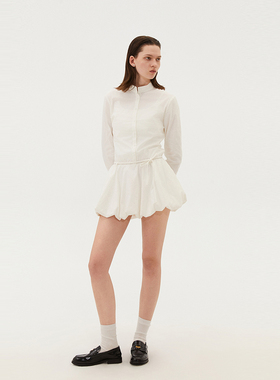 INRM 高级感白色立领针织花苞衬衫裙女夏季假两件短款连衣裙