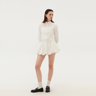 INRM 高级感白色立领针织花苞衬衫裙女夏季假两件短款连衣裙