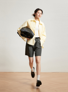 INRM 2024秋冬新款宽松廓形衬衫厚外套淡黄色衬衣开衫女