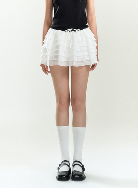 INRM 学院风显腿长蓬蓬纱公主短裙层次感系带蛋糕半身裙