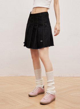 INRM复古牛仔百褶裙半裙新款百搭显瘦毛边设计感短裙