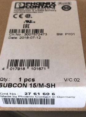 现货 2761606 Phoenix菲尼克斯D-SUB 总线连接器 SUBCON 15/M-SH