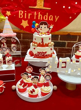 红色系女孩生日派对蛋糕装饰烘焙卡通纸杯插件儿童主题可爱贴纸