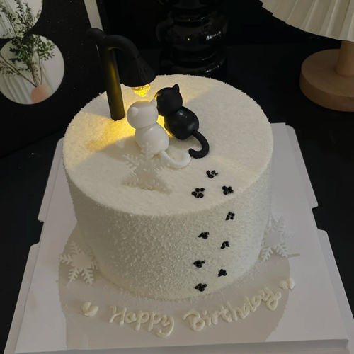 网红暖光路灯黑白猫咪蛋糕装饰情侣小猫摆件告白生日甜品装扮配件
