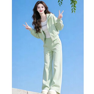 浅绿小清新减龄运动套装女2026年秋冬新款宽松开衫外套长裤两件套