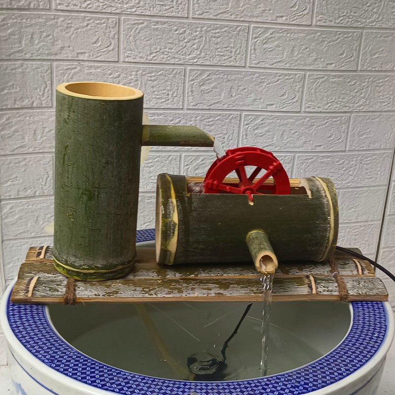 竹子流水过滤器摆件水轮水车转动加湿器新鲜竹流水器鱼缸喷泉装饰