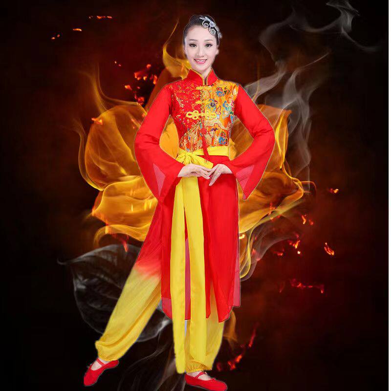 2026新款成人龙凤刺绣秧歌服女红黄民族风广场舞演出服腰鼓服套装