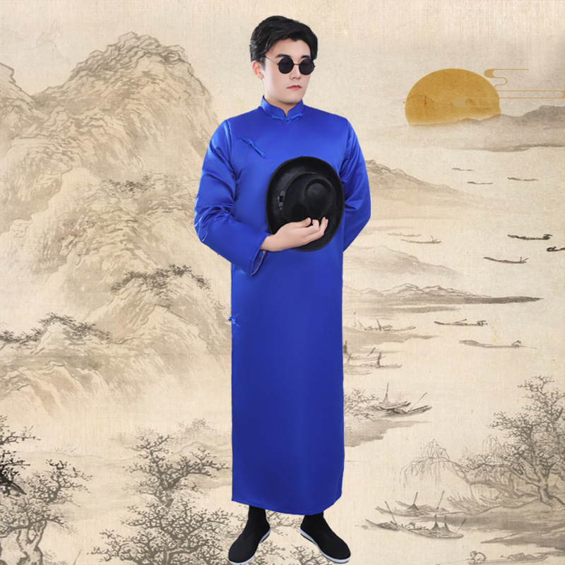 民国风蓝色长衫男中式立领相声表