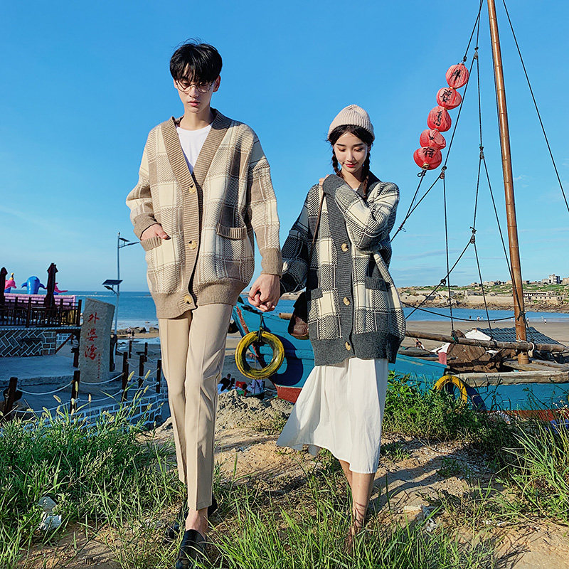 Couples dress Autumn new pattern lattice Easy V-neck Sweater coat Versatile temperament A small minority sweater Cardiganin the Women's clothing/Boutique , Sweaters  category - from Buy2taobao.com to provide professional Taobao agent buy service
