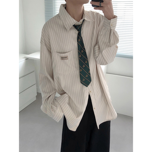复得先生免打结领带条纹高级感宽松长袖衬衫男女时髦杏白色衬衣