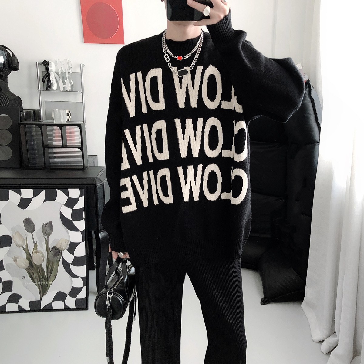 复得先生暗黑风字母毛衣男美式嘻哈潮宽松oversize套头休闲针织衫,男装,针织衫/毛衣,淘宝优惠券,粉丝福利购,淘宝优惠卷