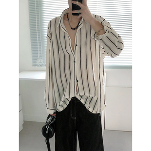 上衣 长袖 复得先生香风杏色镂空条纹衬衫 男设计感宽松休闲衬衣新款