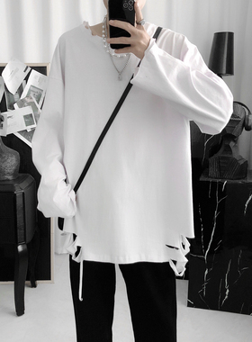 复得先生白色T恤男下摆破洞体恤长袖韩版潮流叠穿宽松内搭打底衫